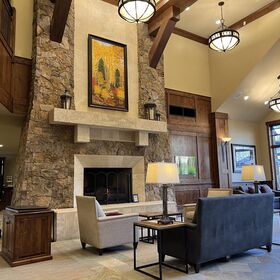 Spacious lobby with fireplace and lounge seating