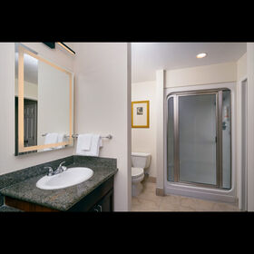 Modern bathroom featuring upgraded lighting, spacious vanity, and separate tub and shower.