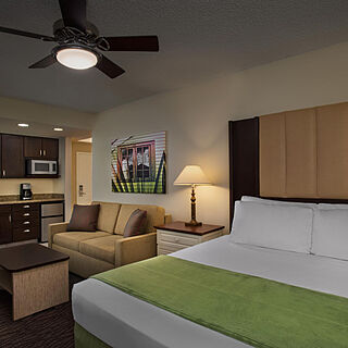 Marriott's Harbour Lake — Sample Studio unit with partial kitchen (furniture and finishes vary from tower to tower).