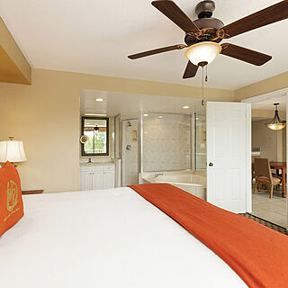 Westgate Towers — Sample bedroom and bathroom in one- and two-bedroom villas